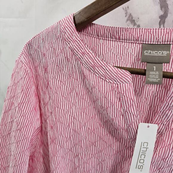 Chicos Shirt Women 1 Medium Pink Striped Popover Seersucker Textured Lemonia - Picture 2 of 12